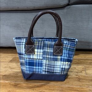 L.L. Bean Classic Blue patchwork Canvas Tote leather handles